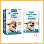Pet cleaning gloves packaging for dogs and cats, with a happy dog on the box and sachet.