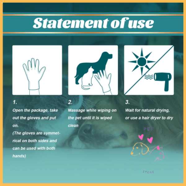 Pet grooming gloves usage guide with step-by-step instructions and illustrations.