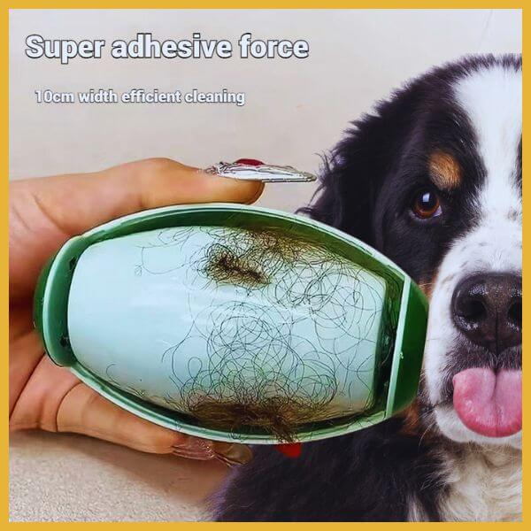 Pet hair lint roller with strong adhesion held near dog, effective fur removal tool