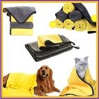 Yellow and gray pet towel set with dog and cat wrapped in towels