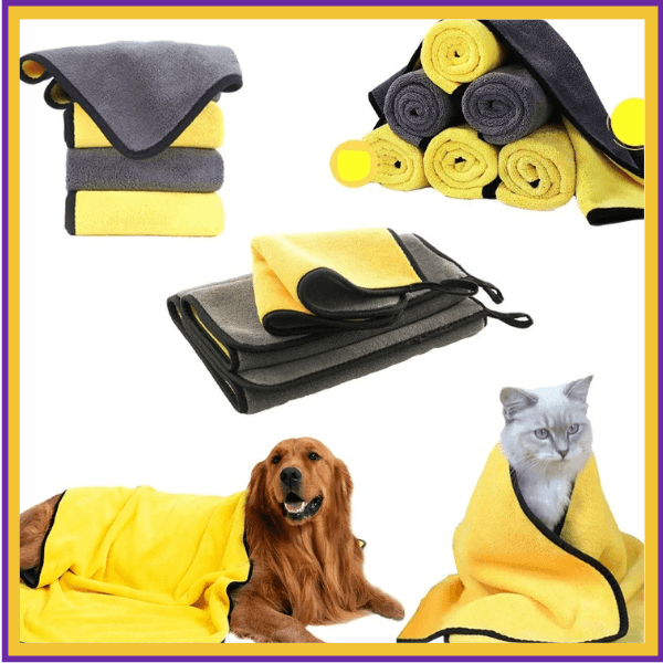 Yellow and gray pet towel set with dog and cat wrapped in towels