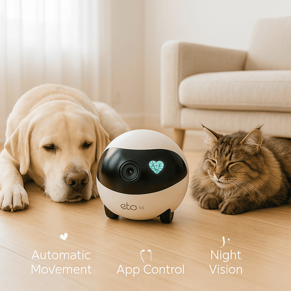Wireless pet monitor robot beside resting pets indoors
