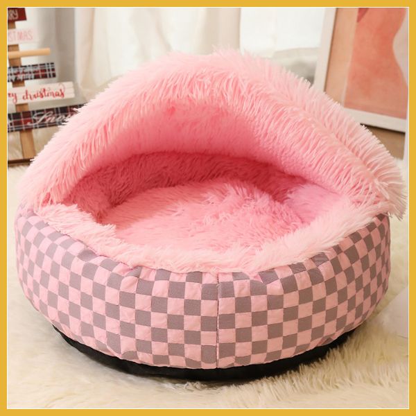 Pink washable pet bed for small dogs with fluffy interior and checkered exterior design