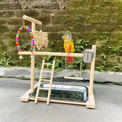 Wooden parrot play gym with enrichment tools for feather plucking prevention