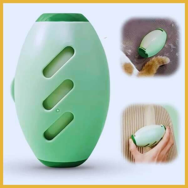 Green washable pet hair remover device shown with close-ups in use on pet and fabric