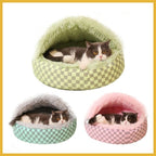 Plush pet beds for cats and small dogs in green, gray, and pink, each with a cat inside