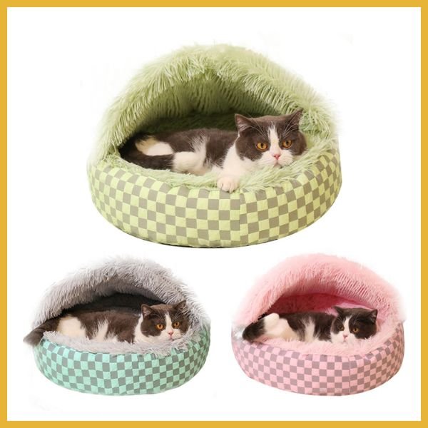 Plush pet beds for cats and small dogs in green, gray, and pink, each with a cat inside