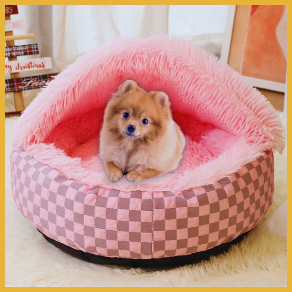 Small fluffy dog sitting in a pink plush pet bed with checkered sides indoors