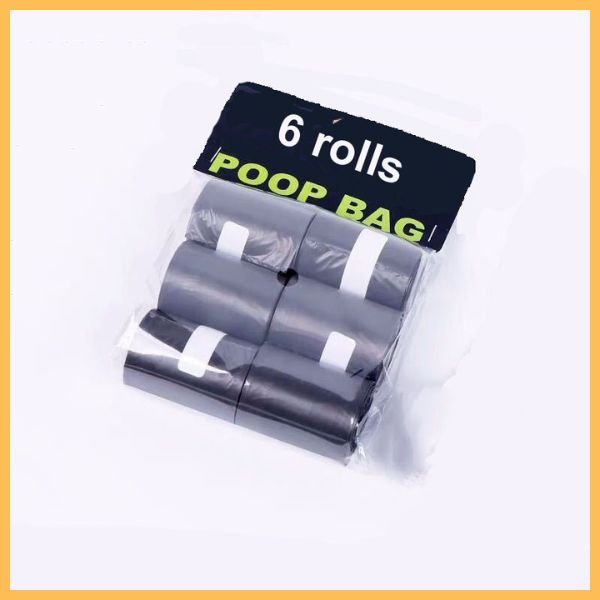Pack of 6 black dog poop bag rolls for scooper in clear plastic packaging