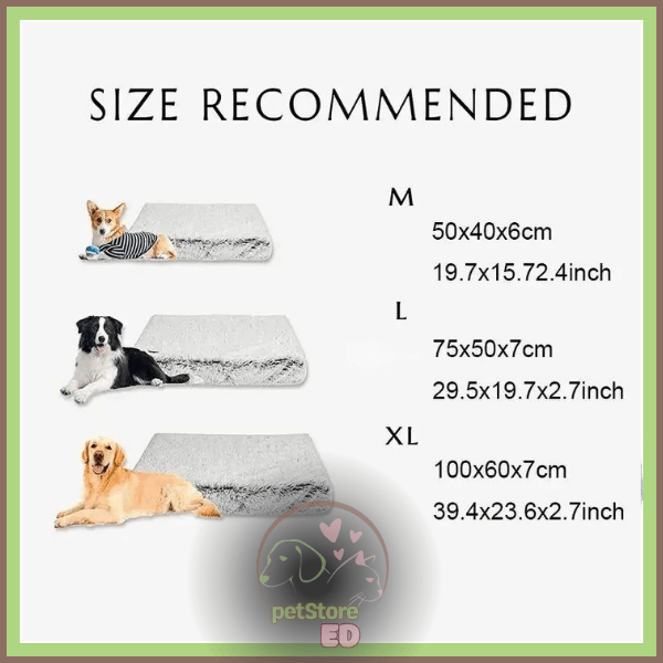 Dog orthopedic bed size chart with medium, large, XL beds and dogs as size reference.