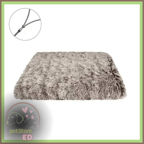 Gray orthopedic dog bed with plush fur, non-slip base, washable cover and zipper detail
