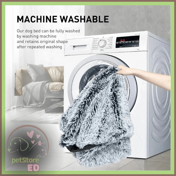 Hand placing fluffy grey orthopedic dog bed into washing machine, machine washable pet bed