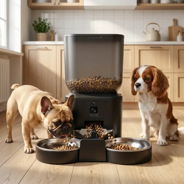 Dog feeding schedule device with food dispenser camera and double bowl setup serving two small breed dogs in cozy home kitchen