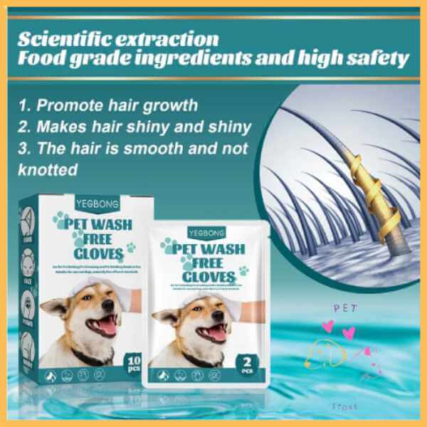 Pet wash free gloves packaging with happy dog, hair care diagram, and hair health benefits listed