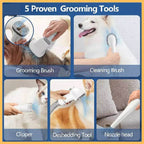 Dog and cat grooming tools set including grooming brush, cleaning brush, clipper, deshedding tool, and nozzle head.
