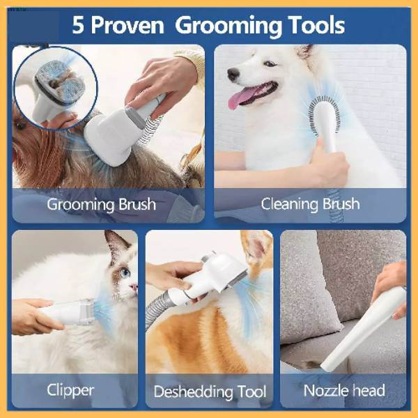 Dog and cat grooming tools set including grooming brush, cleaning brush, clipper, deshedding tool, and nozzle head.