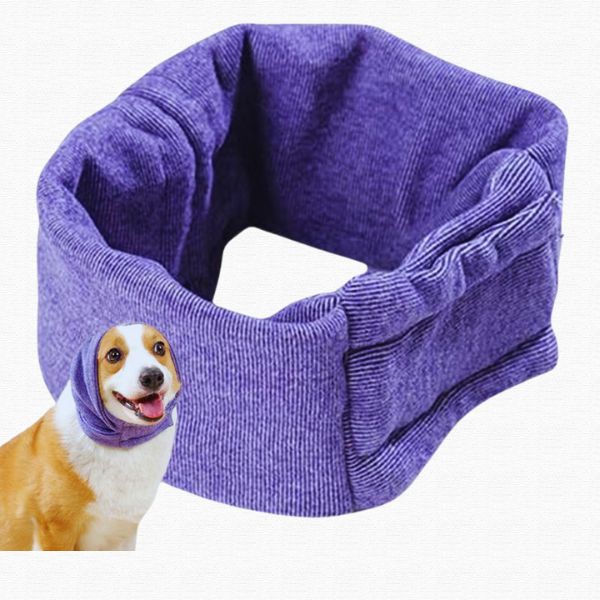 Corgi wearing a purple dog ear cover, soft fabric pet ear protector