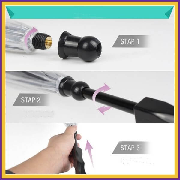 RainRuff dog umbrella assembly steps with close-up views and hand twisting parts