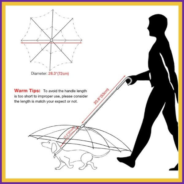Dog umbrella dimensions guide with measurements and person walking a dog in silhouette.