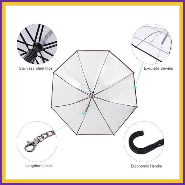 Transparent dog umbrella with stainless steel ribs, ergonomic handle, and lengthen leash