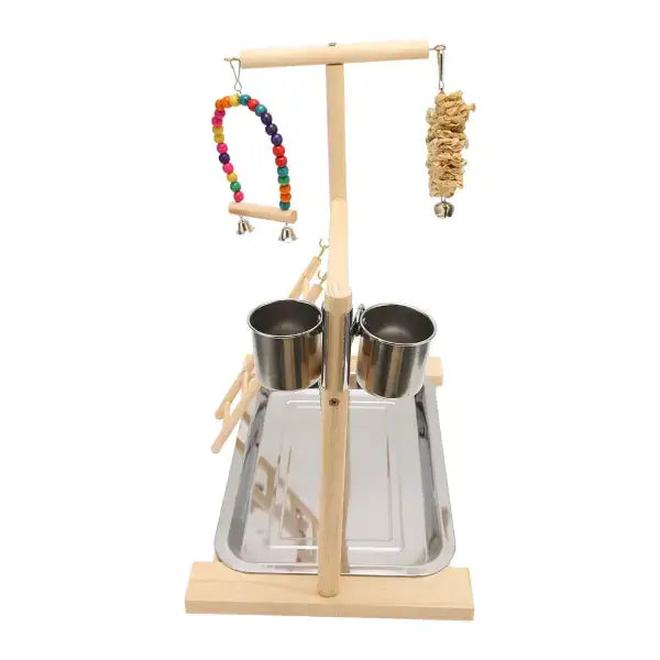 European-style wooden bird stand for safe indoor parrot enrichment