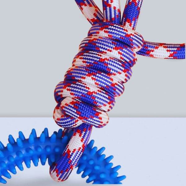Interactive dog toy for boredom relief with extra durability in the knot.