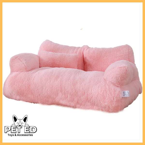 Soft pink plush cat and dog bed with bolstered sides and PET ED branding