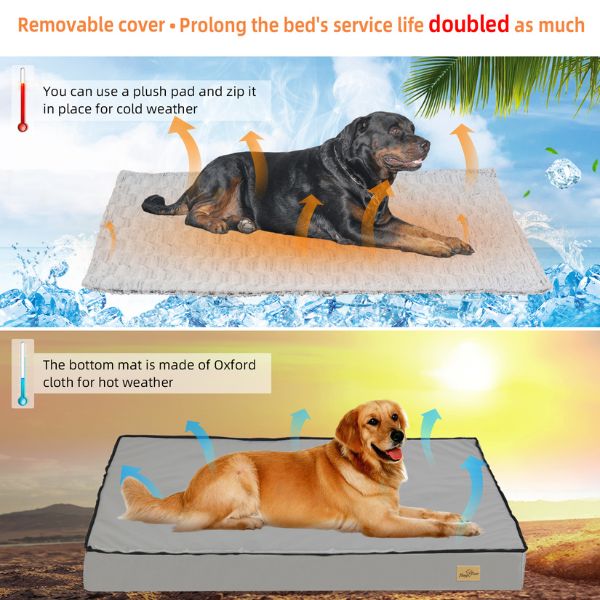Orthopedic dog bed with removable cover, black dog on plush pad for cold, golden retriever on Oxford mat for hot weather.