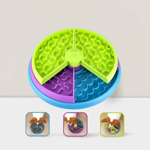 Colorful slow feeder toy with dog eating stages below