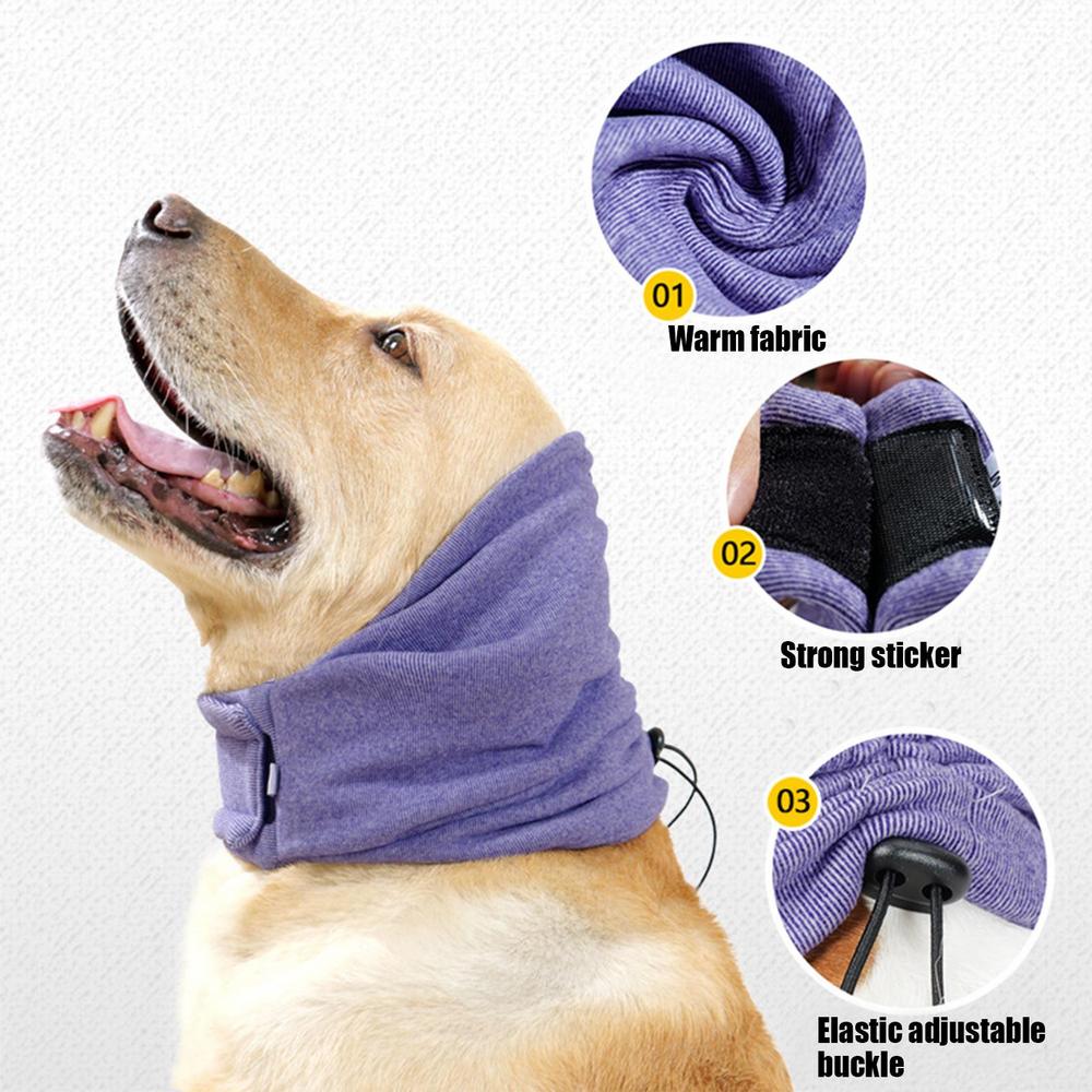 Dog wearing purple ear protectors with warm fabric, strong sticker, elastic adjustable buckle