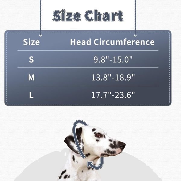 Dog ear covers size chart with Dalmatian, head circumference measurements S to L.