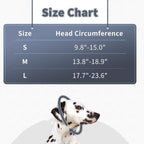 Dog ear covers size chart with Dalmatian, head circumference measurements S to L.