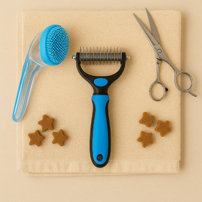 Pet Store ED deshedding tool surrounded by trimming gear and treats.
