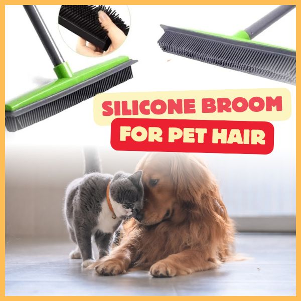 Silicone pet hair broom, green handle, cat and dog indoors, cleaning tool advertisement.