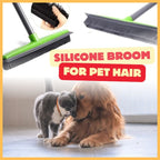 Silicone pet hair broom, green handle, cat and dog indoors, cleaning tool advertisement.