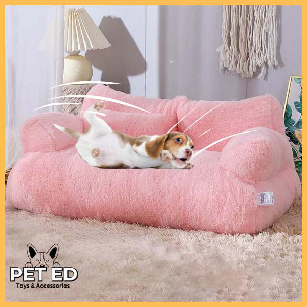 Small dog playing on pink plush pet bed in cozy living room with soft carpet