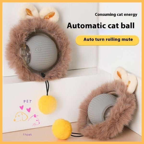 Grey interactive automatic cat ball with fur, bunny ears, and yellow pompom toy
