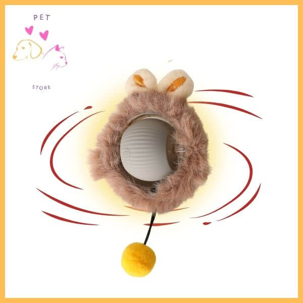 Fluffy brown pet toy with bunny ears and yellow ball, spinning on white background, Pet Store logo