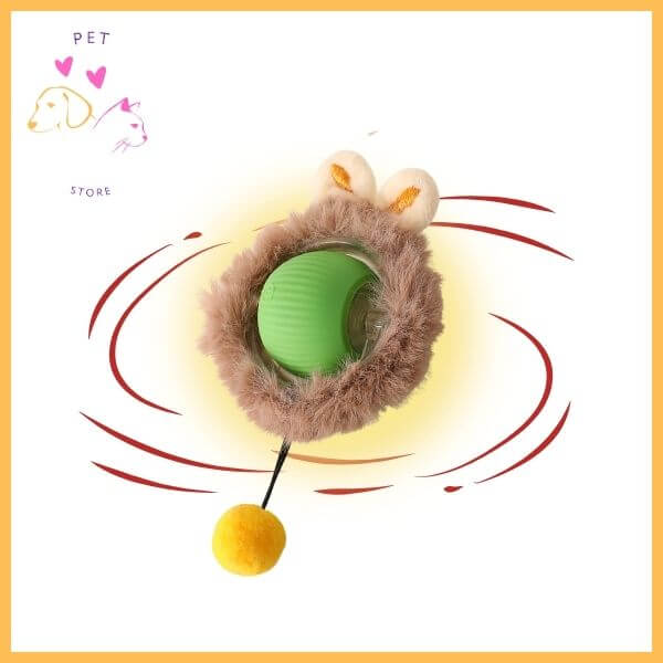 Green interactive cat toy ball with plush ring, bunny ears, and yellow pompom