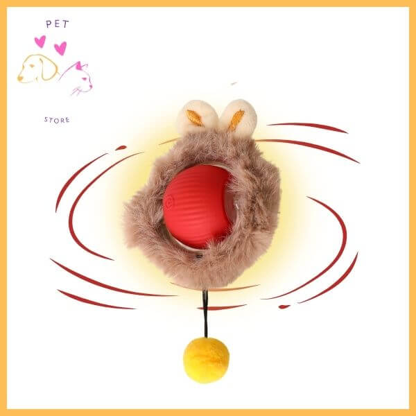 Red smart pet ball toy with fluffy animal cover and yellow pompom, spinning action shown.
