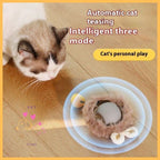 Cat playing with automatic fuzzy interactive cat toy on wooden floor