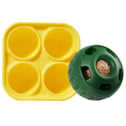 Green puzzle toy and yellow tray for pet feeding