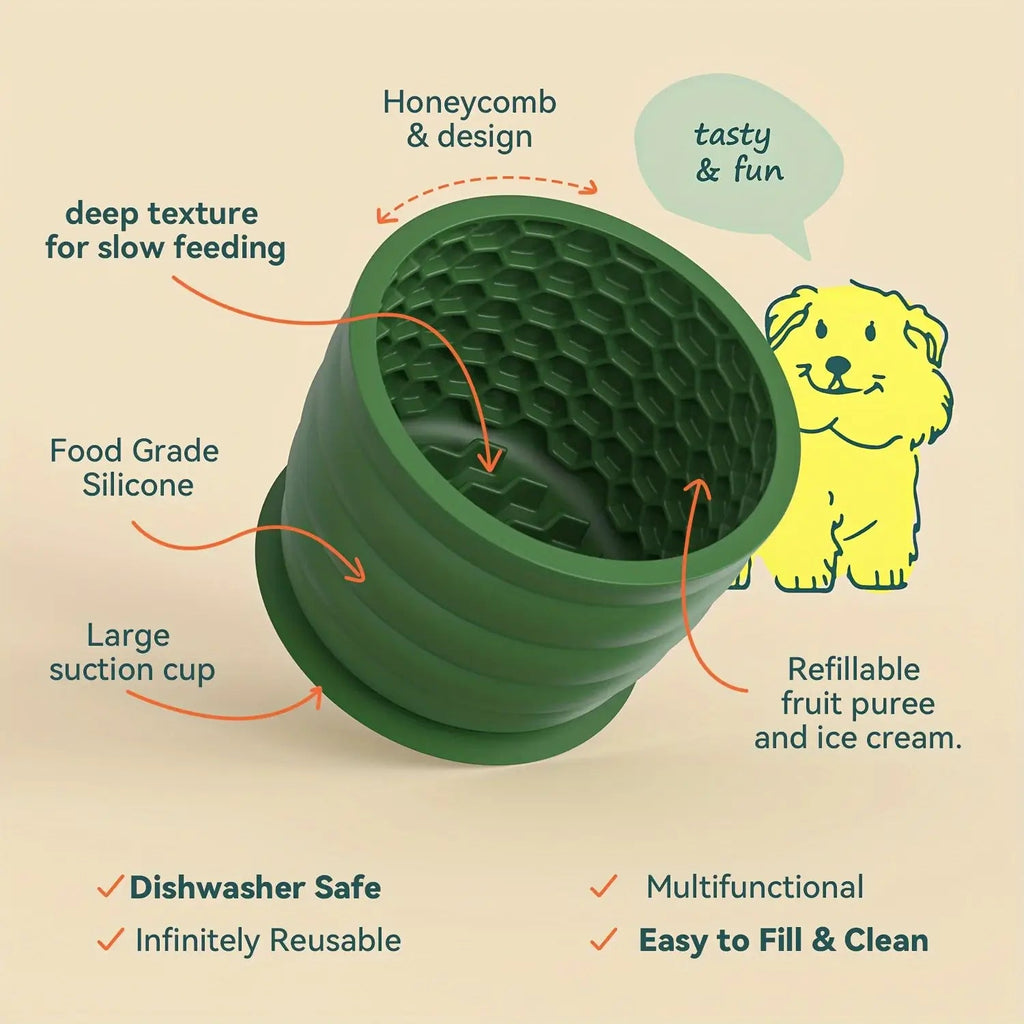 Labelled diagram of SnugBowl showing the honeycomb texture, suction cup base and silicone build