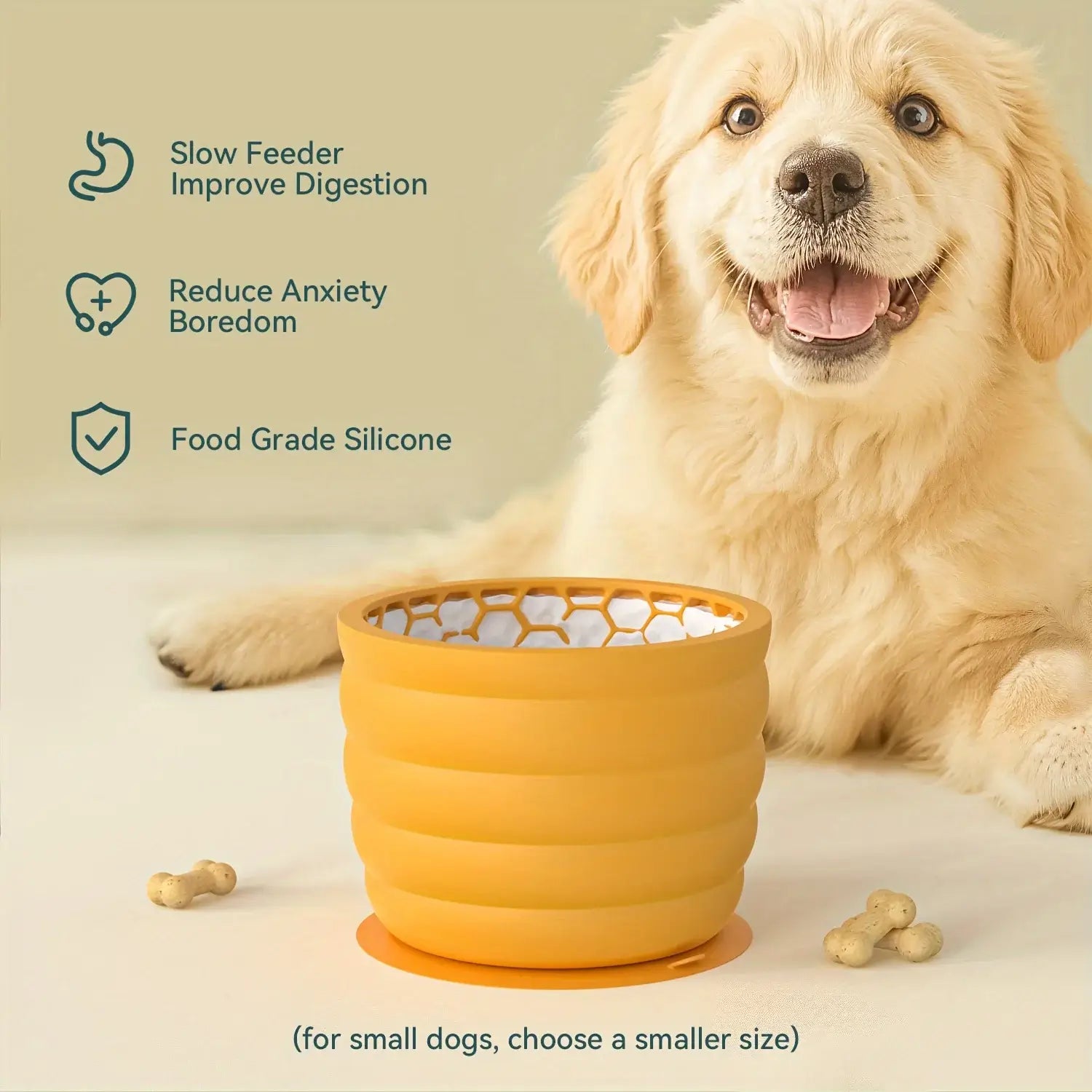 Orange collapsible dog bowl on the floor beside a golden retriever, slow feeder benefits shown