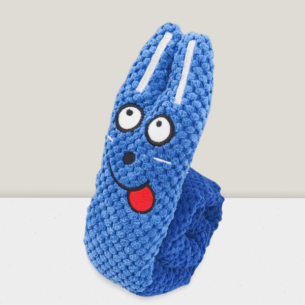 SnugBug Bunny Blue plush dog treat toy with built-in squeaker