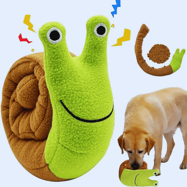 SnugBug dog treat toy with built-in squeaker, shown extended for a treat hunt