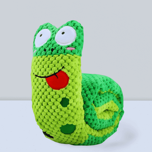 SnugBug Snake Green dog treat toy, plush snuffle toy that rolls into a compact shape