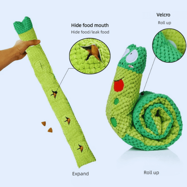 SnugBug Snail Green dog treat toy with treats hidden along the fabric