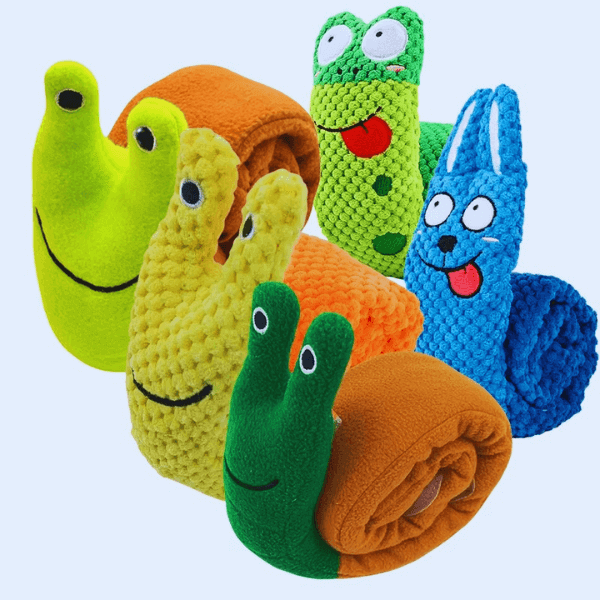 SnugBug dog treat toys in all five styles: Bunny Blue, Snail Green, Snake Green, Snail Yellow and Snail Dark Green
