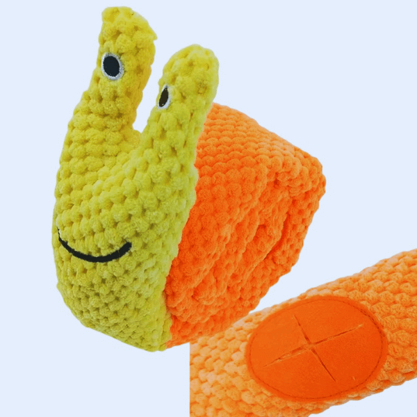SnugBug Snail Yellow dog treat toy with hidden treat pockets along the back